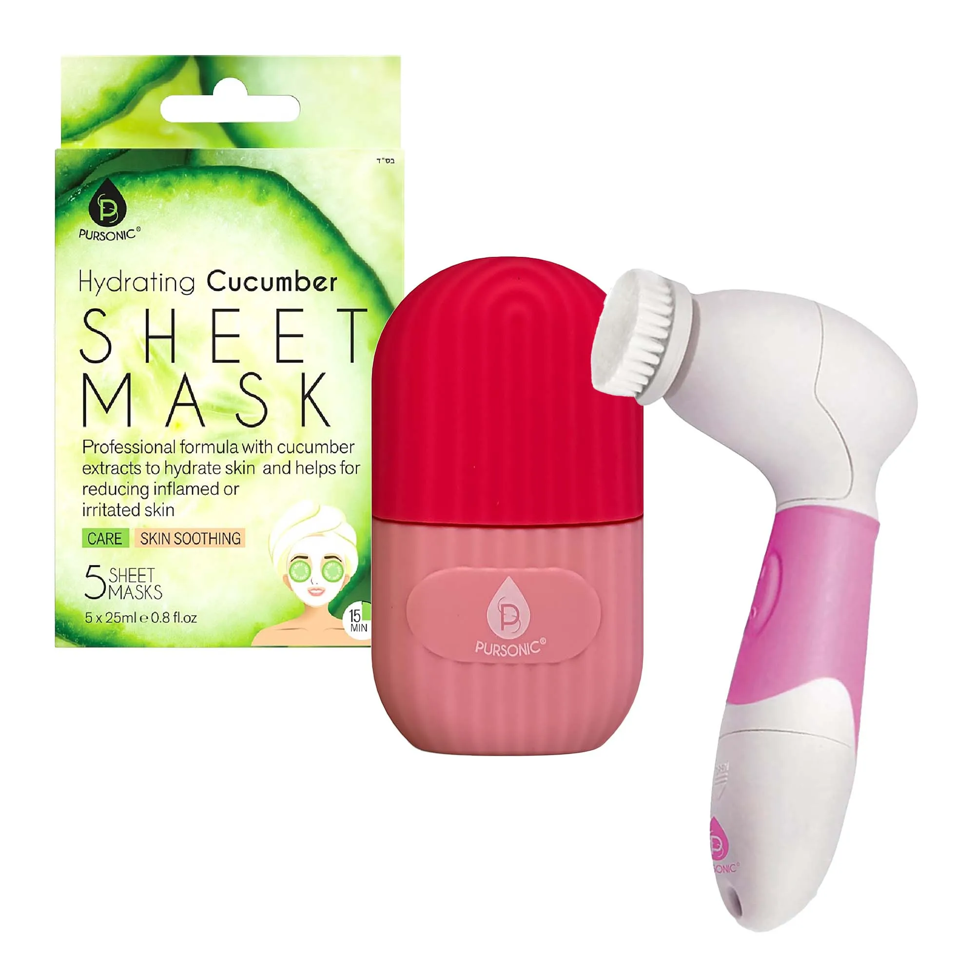 De-Puff Skin Set – Ice Cube Facial Roller, Hydrating Cucumber Sheet Masks & Advanced Cleansing Brush