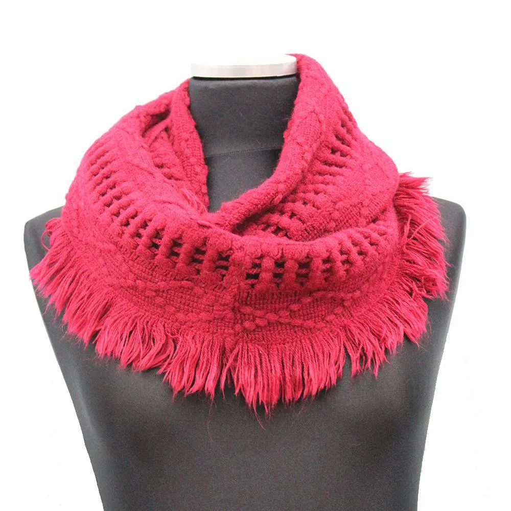 Knit Infinity Muffler w/ Fringe- Magenta