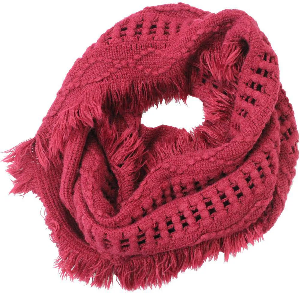 Knit Infinity Muffler w/ Fringe- Magenta