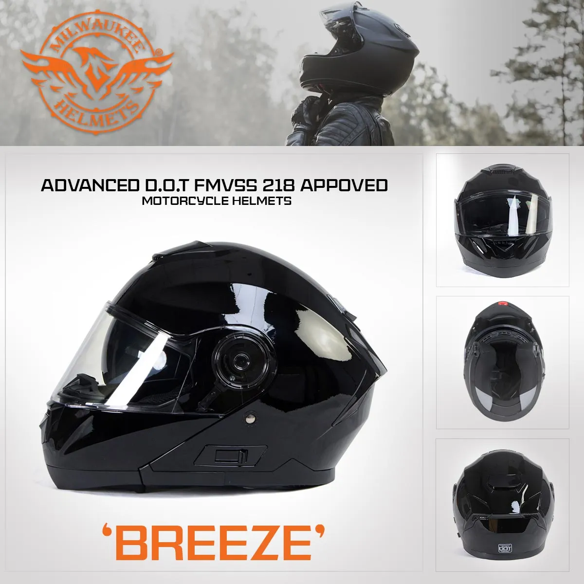 Milwaukee Helmets MPH9815DOT 'Breeze' Gloss Black Modular Helmet for Men and Women Biker w/ MP7922FMSET Heated Balaclava Bundle