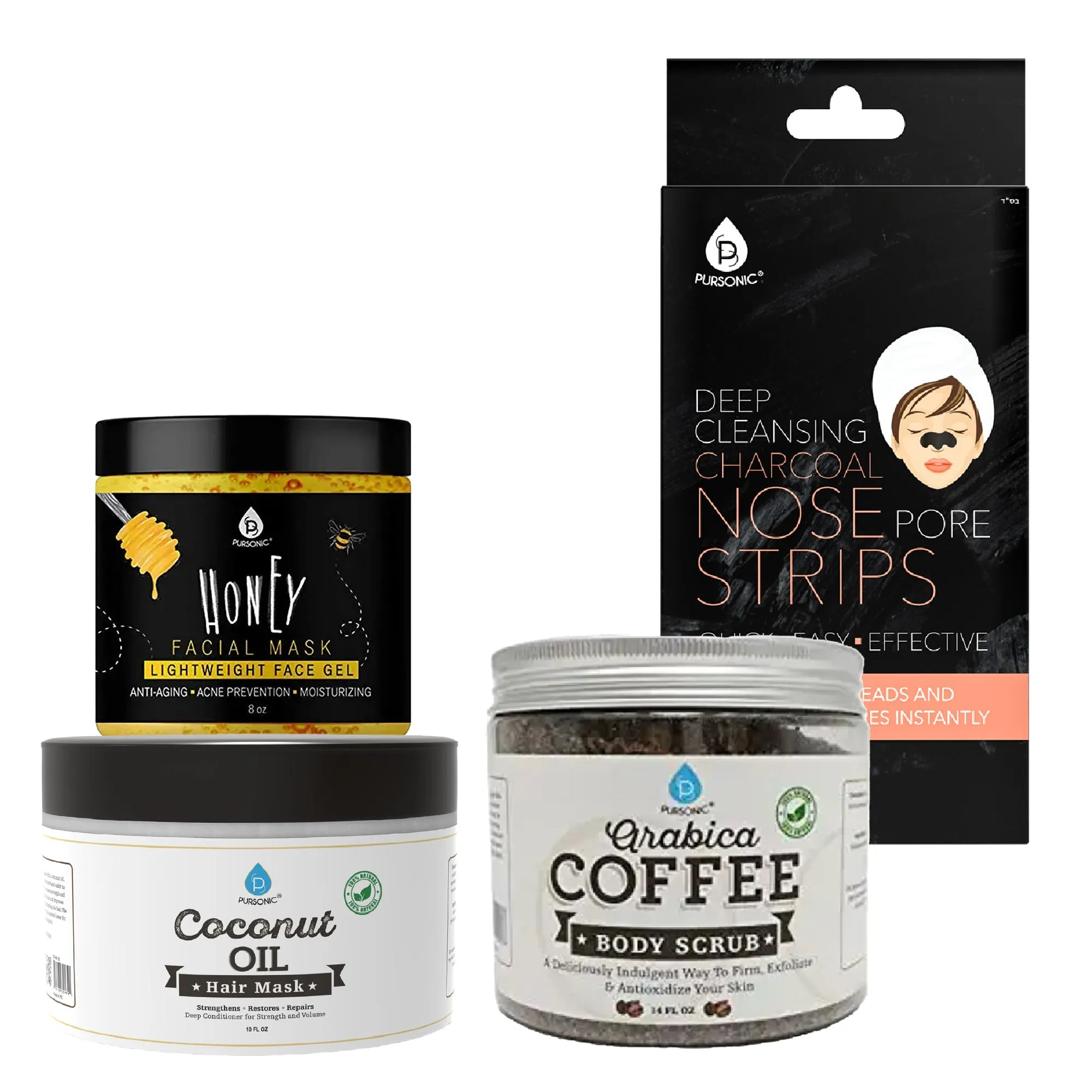 Pursonic Pamper & Glow Gift Bundle (6 pack Deep Cleansing Charcoal Nose Pore Strip, 100% Natural Arabica Coffee Body Scrub 14 Oz, 100% Natural Coconut Oil Hair Mask 10 Oz and Honey Facial Mask 8 Oz)